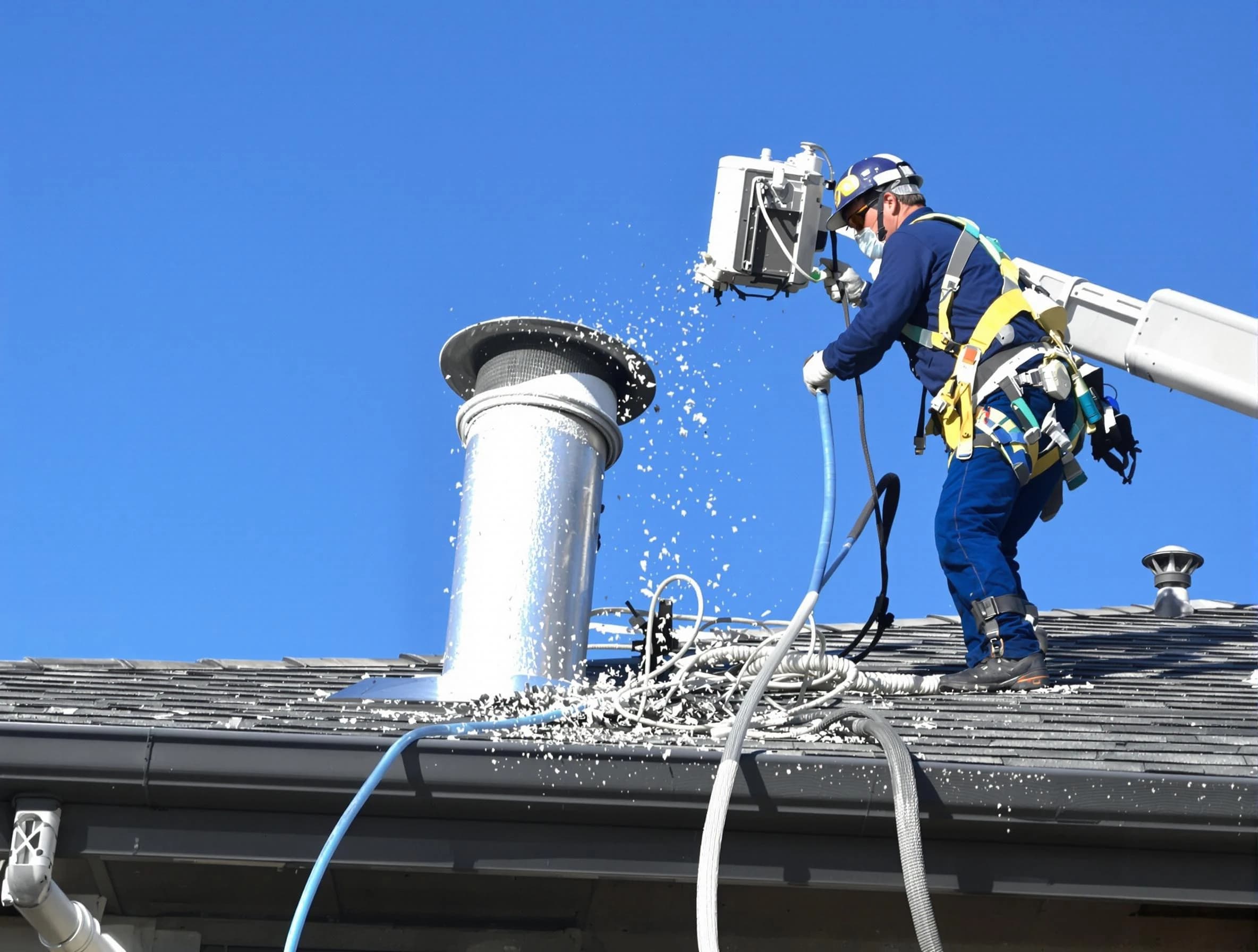 Federal Heights Dryer Vent Cleaning certified technician safely cleaning a roof-mounted dryer vent in Federal Heights