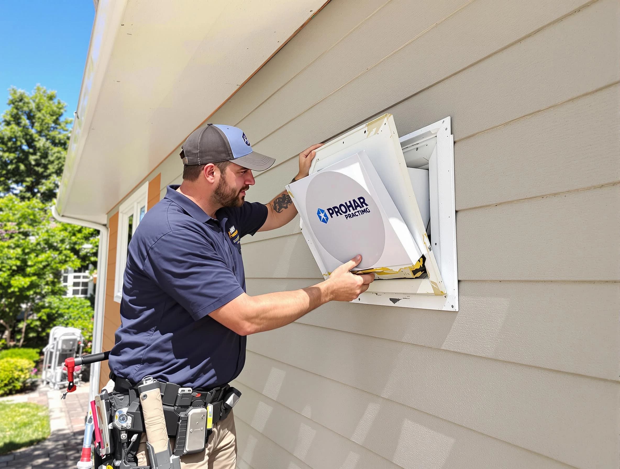 Federal Heights Dryer Vent Cleaning technician installing a new protective dryer vent cover on a home in Federal Heights
