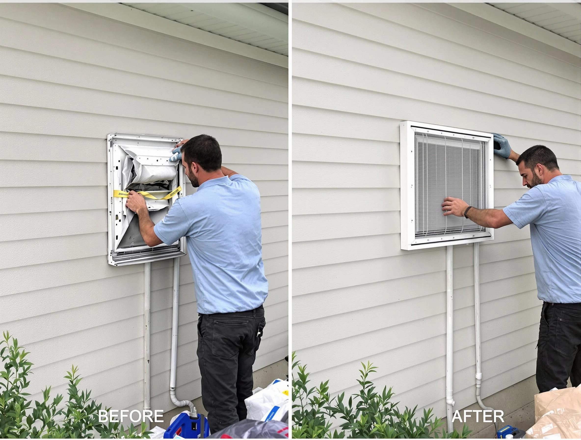 Federal Heights Dryer Vent Cleaning technician installing high-quality dryer vent cover at a residential property in Federal Heights